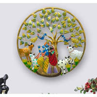 Anshika International Metal Round Frame Radha Krishna Cow Wall Art Frame, Wall Hangings For Home Decoration, Wall Sculpture For Living Room, Wall Decor Decorative Items (Size: 24X24 In)