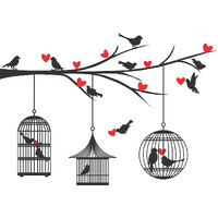 Dreamkraft Hanging Loving Bird Cage On Tree Branch With Heart Pvc Vinly Wall Stickers (Multicolor, 85 Cm X 121 Cm)