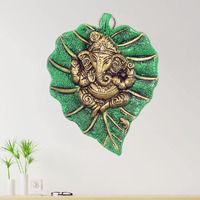 Craftam Metal Lord Ganesha On Leaf Decorative Wall Hanging Showpiece Figurine (Green)