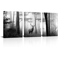 Visual Art Decor Black And White Wall Art Deer In Autumn Foggy Forest Picture Indeer Elk Stag Canvas Prints For Home Living Room Bedroom Wall Decoration Ready To Hang