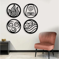 Meraki Mart Four Elements Water Tribe, Earth Kingdom, Fire Nation, Air Nomads Wall Hanging Art Black Designed Wood Decor Black Decoration Contemporary Home, Bedroom, Living Room, Office, 16 Inch