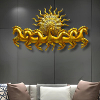 Anshika International Metal Gold 7 Running Horses With Sun Metal Wall Decor, With Led Light For Living Room, Drawing Room, And Office Decor-Size-50X2X26 Inch