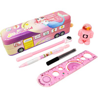 Parteet Combo (Pack Of 5 Items) 1 Unicorn School Bus Metal Pencil Box,1 Astronaut Gel Pen,1 Lead Pencil With Extra Leads,1 (2In1 Astronaut Eraser & Sharpner),1 Scale For Kids (Colour Assorted, Pink)