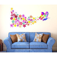 Decals Design 'Butterfly With Colorful Flowers Blowing' Wall Sticker (Pvc Vinyl, 70 Cm X 50 Cm, Multicolour)