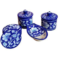 House Of Gulab Blue Pottery, 100% Handcrafted Blue Pottery With Gift Box, Eco Friendly Pottery For Kitchen & Bathroom (Dark Blue - Table Set)