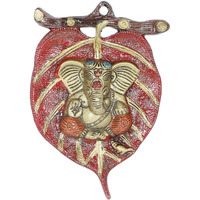 Two Moustaches Ganesha On Red Patta Wall Hanging, Multicolour, Metal