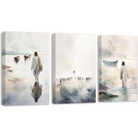 Swqylb Jesus Wall Art Christian Canvas Wall Decor 3 Pieces God Walking On Water Picture Prints Jesus Cross Poster Religious Artwork Church Decor Framed (Brown, 12.00" X 16.00" X 3Pcs)
