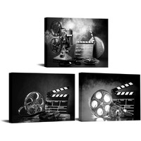 3 Piece Black And White Canvas Wall Art Filmmaking Concept Scene Pictures Classic Old Fashion Film Reels Poster Artwork For Bar Pub Home Movie Theater Media Room Decor Ready To Hang 12X16Inchx3Pcs