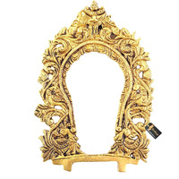 Two Moustaches Ethnic Carved Peacock Design Prabhavali Frame Brass Wall Hanging (Golden)