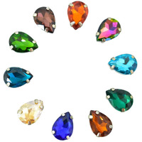 Embroiderymaterial Teardrop Shape Multicolor Shiny Sew On Rhinestones/Gem Stones Sewing Crystals Stone Beads For Jewellery Making, Embroidery, Craft, Sewing Purpose (Size: 10X14Mm, Pack Of 10 Pieces)