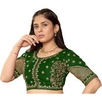 Pujia Mills Women's Readymade Blouse Multi Golden Codding Sequence Embroidery Work Indian Ethnic Designer Stitched Readymade Saree Half Sleeve Green Blouse For Women For Saree Lehenga Choli