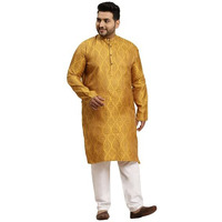 Sojanya (Since 1958 Men's Jacquard Silk Mustard & Gold Kurta & Off-White Churidar Pyjama Set Size-4Xl