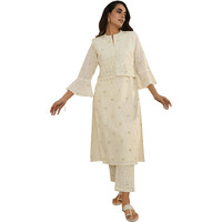 Libas Off White Embroidered Cotton Straight Kurta With Trousers & Dupatta