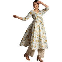 Libas Off White Printed Cotton A-Line Kurta With Palazzos