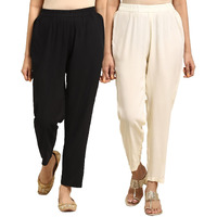 Rangita Women Rayon Black & White Solid Ankle Length Straight Pant, 28