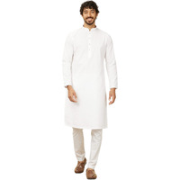 Manyavar White Cotton Embroidery|Jacquard Kurta Pyjama Set For Men