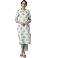 W Green Cotton Floral Printed Regular Kurta For Women