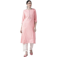 Ishin Women's Cotton Blend Embroidered A-Line Kurta Suit Set With Pants Kplpm-12089_S_Pink & White
