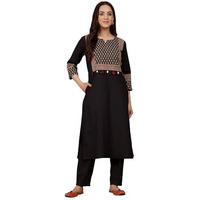 Varanga Women Jaipuri Ethnic Printed Yoke Straight Kurta Black