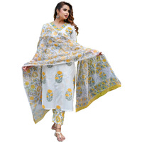 Fashion Basket Women's White Color Cotton Anarkali Kurta Set With Duptta For Women (White Yellow, M)
