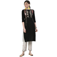 Ishin Women's Cotton Black & Off White Embroidered Straight Kurta Trouser Set