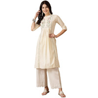 Stylum Women's Cream Self Designed & Embroidered Cotton A-Line Kurta (Creamdove44_Cream, Xxl)