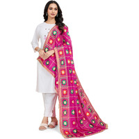 Weavers Villa Women's Chinnon Silk Aari Embroided Phulkari Dupatta, Chunni (Magenta), 2.25 Mtrs