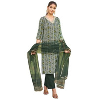 Sanisa Women's Cotton Blend Bandhani Foil Printed Sequence Embroidery Work Straight Kurta With Pant And Dupatta Set (166Kbd1784N-S_Dark Green & White)