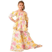 Pspeaches Girl's Cotton Kurta & Palazzo (Ks-Offwhiteyellow-10-12Y_Offwhite