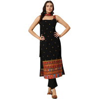 Fashion Basket Women's Georgette Embroidered Black Straight Kurta With Dupatta (Small)