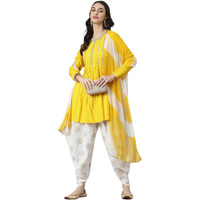 Stylum Women's Embellished Rayon A-Line Kurta With Dhoti Pant & Dupatta (Yellowlehriya38_Yellow, M)