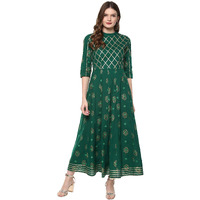 Idalia Cotton Kurta For Women 3/4 Sleeve Round Neck Anarkali Kurta Set For Women Dark Green, Gold