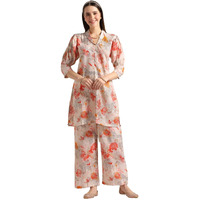 Leriya Fashion Soft Cotton Blend Floral Foil Print Puff Sleeve Shawl Collar Straight Kurta Pant Set For Women Causal Festival Office Shopping Outing Wear For Girls Ethnic Co Ord Set (Large, Red)