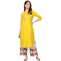 Anubhutee Women's Cotton Mustard Yellow Thread Work Ethnic Motifs Yoke Design Straight Kurta Suit Set With Palazzo