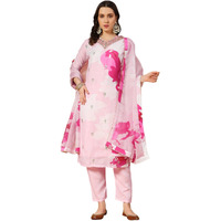 Gufrina Elegant Women's Crepe Kurta Pant Dupatta Set | V-Neck, 3/4 Sleeve Floral Ethnic Ensemble (Cream M)