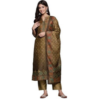 Varanga Women Olive Abstract Printed Straight Kurta Paired With Solid Bottom And Printed Dupatta