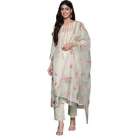 Varanga Women Olive Stripe And Floral Printed Straight Kurta Paired With Tonal Bottom And Embroidered Dupatta