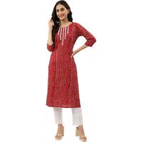 Nainvish Women's Cotton Blend Lace Work & Mill Printed Straight Round Neck Kurta (Sd357_K-S_Red)