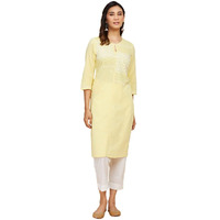 Fabindia Women's Cotton Chikankari Slim Kurta (210896601_Lightyellow