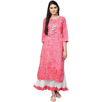Ishin Women's Cotton Pink & White Embellished A-Line Kurta Set With Skirt