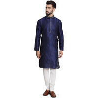 Sojanya (Since 1958 Men's Jacquard Silk Navy Blue Self Design Kurta & Off White Churidar Pyjama Set