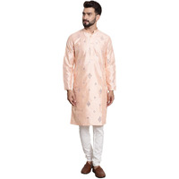 Sojanya (Since 1958 Men's Silk Blend Mirror Work Peach Long Kurta & White Solid Pyjama Set