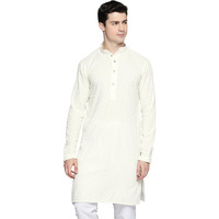 Jompers Mens White Chikankari Embroidered And Sequence Kurtas (White, L)