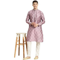 Sojanya (Since 1958 Men's Jacquard Silk Purple & Self Design Kurta & Off White Churidar Pyjama Set
