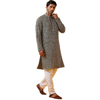Sojanya (Since 1958 Men's Cotton Rayon Sequinned Embroidered Green Kurta With White Pyjama