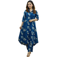 Dhruvi Trendz Womens Rayon Printed Casual Regular Fit Kurta Set (Dt-W1818&Tr875_Blue_2Xl)