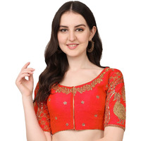 Pujia Mills Women's Phantom Silk Embroidery Handwork & Sequin Work Peacock Design Half Sleeve Readymade Blouse (Mor Blouse_Gold_38 Size+Margin) (Red, 38)