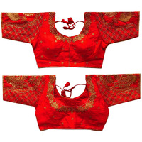 Pujia Mils Women's Silk Peacock Half Sleeve Blouse (Morya Blouse_Red_38)