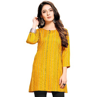 Shiv Textiles Rayon Fabric Printed Round Neck Short Kurtis For Women Top Dresses Kurti For Girls & Ladies Kurtis - (Yellow_Large)