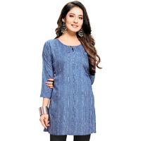 Shiv Textiles Rayon Fabric Printed Round Neck Short Kurtis For Women Top Dresses Kurti For Girls & Ladies Kurtis - (Blue_Small)